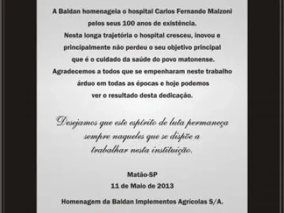 Placa de Homenagem ao Hospital Carlos Fernando Malzoni entregue pela Baldan.
